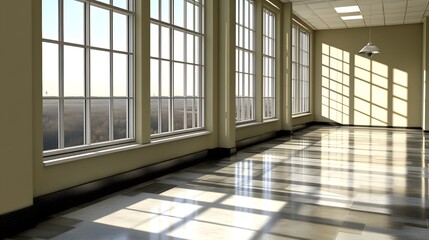 Fototapeta premium Sunlit Corridor with Windows and Tiled Floor
