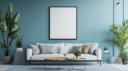 Interior desgin of modern living room interior with mock up poster frame, colorful decorations and accessories, plants, sofa, coffee table. Blue wall. Home decor. Template