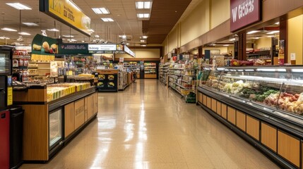 A spacious grocery store aisle showcasing various food products and fresh produce.