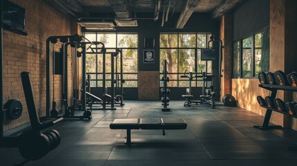 Naklejka premium A spacious gym with workout equipment and natural light.