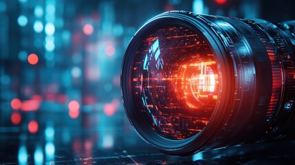 Abstract futuristic camera lens on dark background, with copy space 