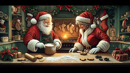 Paper-cut style Santa Claus and Mrs. Claus baking cookies in a cozy kitchen, flour dusting the counters, Christmas decorations hanging from the walls, intricate details of rolling pins,
