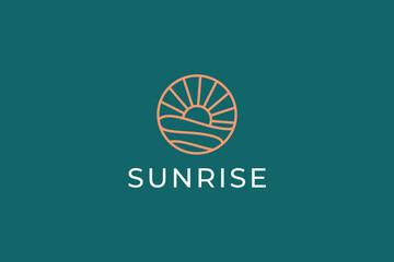 Abstract Sunrise Wave Ocean Illustration Logo Badge Minimalist Concept Brand Identity