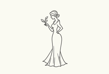 Fototapeta premium Single Line Drawing: Elegant Woman Silhouette with Leaf, Representing Grace, Strength, and Quiet Perseverance. Minimalist Art Print, Perfect for Home Decor.