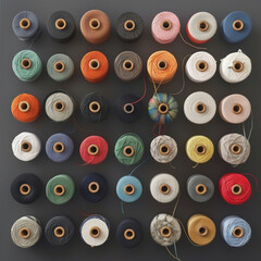 Fototapeta premium Multicolored yarn spools used in textile industry. Set of colored threads for sewing on coils. Pile of big colorful spools of thread. Colored thread spools of thread large class, textiles, background