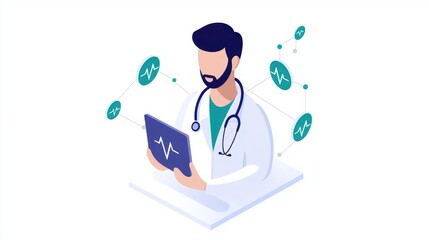 Telemedicine network with patient data analytics, health strategy, flat design illustration
