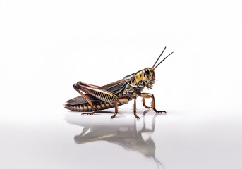 Fototapeta premium A grasshopper with brown and black stripes, isolated on a white background.