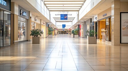 A spacious shopping mall corridor with stores and decorative plants.