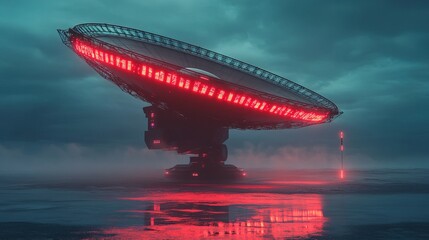 A futuristic satellite dish with glowing red lights capturing signals