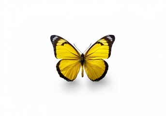 Fototapeta premium A single yellow butterfly with black markings on its wings is isolated against a white background.