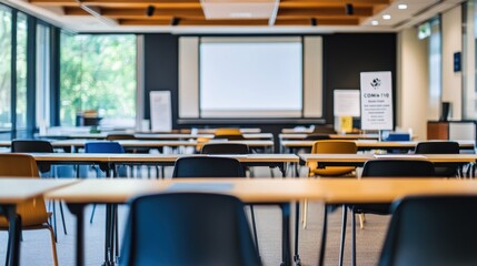 A spacious, organized classroom setup ready for a presentation or meeting.