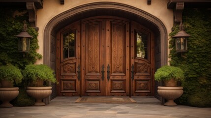 Fototapeta premium Ornate Wooden Doors Leading to a Luxury Home