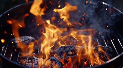 Dynamic flames dancing over charcoal in a grill, creating a vibrant and warm atmosphere perfect for outdoor cooking.