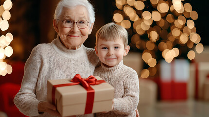 A joyful grandmother and grandson sharing holiday spirit with a gift.