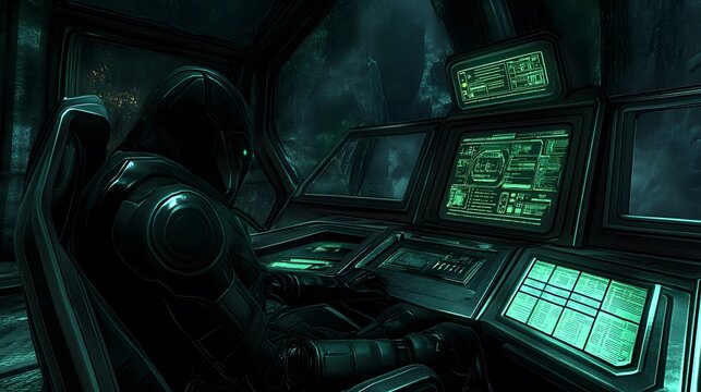 Futuristic Cyborg Pilot in Spacecraft Cockpit