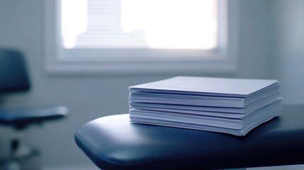 A stack of papers on a chair in a clinical setting with a window in the background.