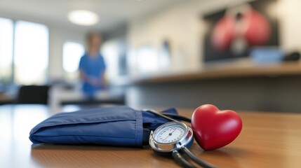 A stethoscope and a heart model on a table in a medical office setting.