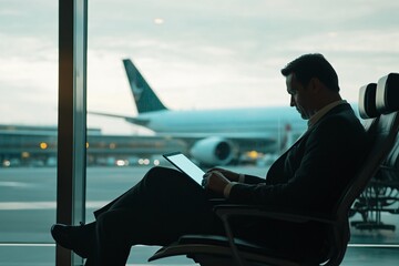 A businessman working on a laptop at the airport, with a plane seen through the window in the...