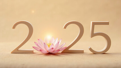 2025 New Year design with earthy tones and a glowing lotus flower. The numbers are drawn on a sandy-colored background, symbolizing peace, balance, and tranquility. Perfect for wellness
