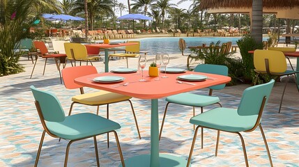 Colorful Outdoor Dining Set with Swimming Pool View