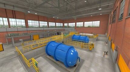 Industrial Building Interior with Large Blue Tanks and Yellow Safety Rails