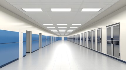 Modern Office Corridor with White Ceiling and Blue Walls
