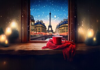 A warm red mug of steaming beverage sits on a rustic windowsill, with a cozy scarf draped over it.  The window looks out onto a snow-covered cityscape with a famous tower in the distance.