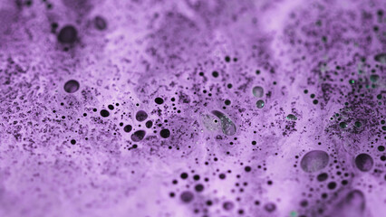 Oil fluid wave. Paint spill. Blur purple black wet foam fizz ink emulsion shiny silver particles blend flow abstract background.