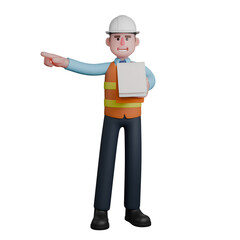 3D Professional in Architecture. An Architect stands with his left hand holding a clipboard while his right hand points in a certain direction. Male Architect