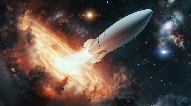 outer space view, white rocket with stars in the background. Virtual 4K video animation background with looping time lapse with very smooth graphics.