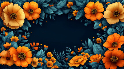 Fototapeta premium Vibrant marigold floral frame for dia de los muertos celebration on deep blue background with copy space. Perfect for festive event promotions and invitations.