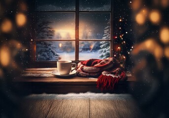 A warm cup of coffee sits on a wooden windowsill, a red scarf lies nearby, as snow falls outside the window.