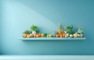 A light blue wall with a single shelf, upon which sits a variety of fruit and vegetables.