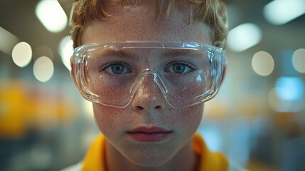 Young boy in protective glasses focused on a science experiment in a bright classroom setting during the daytime