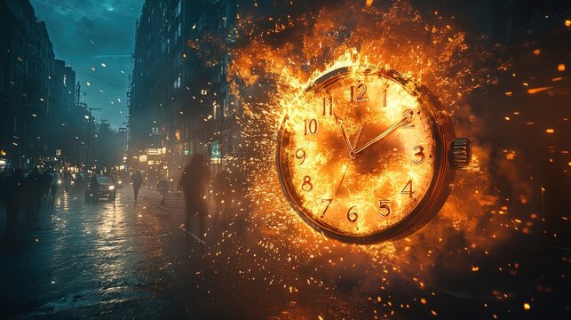 Running after time, alarm clock burning in fire, exploding rush hour 