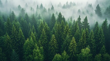 Misty forest with tall pines