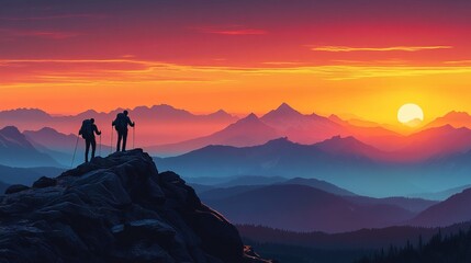 Couple of hikers on top of high mountains at sunset or sunrise