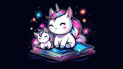 Magical Unicorns Reading a Book in a Starry Night