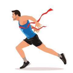 man running a race on the finish line isolated on white background