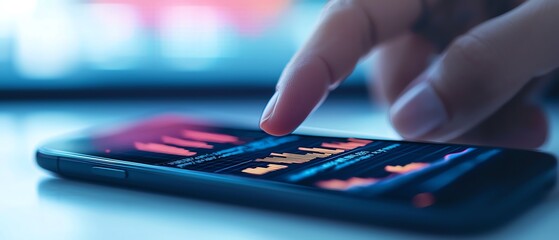 Close-up of a hand interacting with a smartphone displaying colorful data charts, illustrating modern technology and analytics.
