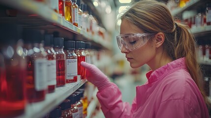 Young scientist examines colorful liquids in laboratory storage during a research session at a university setting