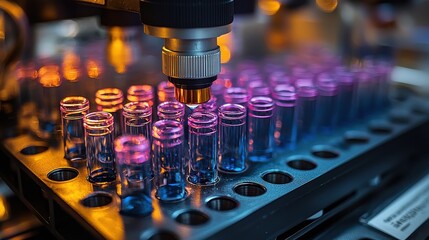 Laboratory setup showcasing colorful liquid samples in vials during an experimental analysis at a research facility