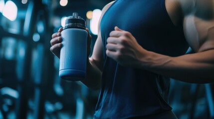 Naklejka premium A fitness enthusiast holding a shaker bottle with a protein drink, post-workout, with gym
