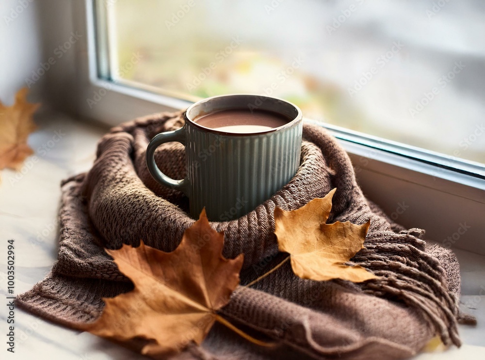 Poster a blue mug of hot beverage rests in a soft brown knitted scarf, accompanied by two fallen autumn lea