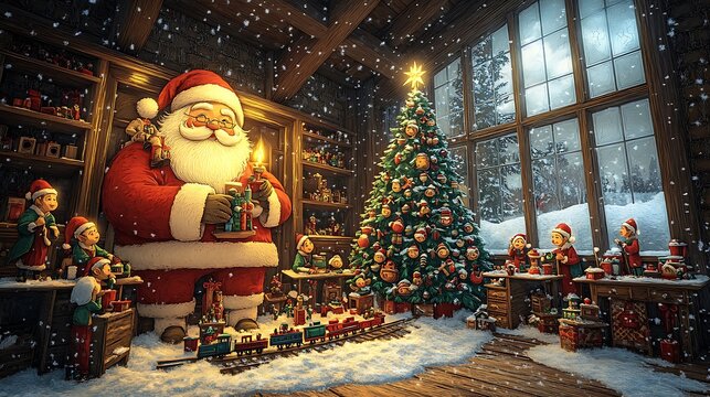 Paper-cut style Santa Claus with elves working on colorful toys in his North Pole workshop, large Christmas tree glowing in the corner, intricate details of toy trains and dolls on the tables,