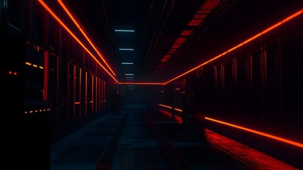Fototapeta premium Red Neon Lights in Dark Corridor