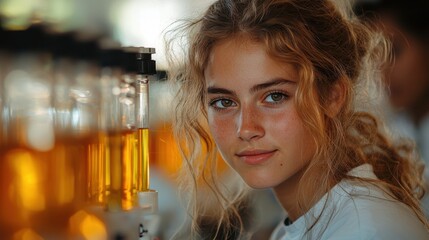 Young scientist working in a lab surrounded by colorful liquid samples during warm afternoon light