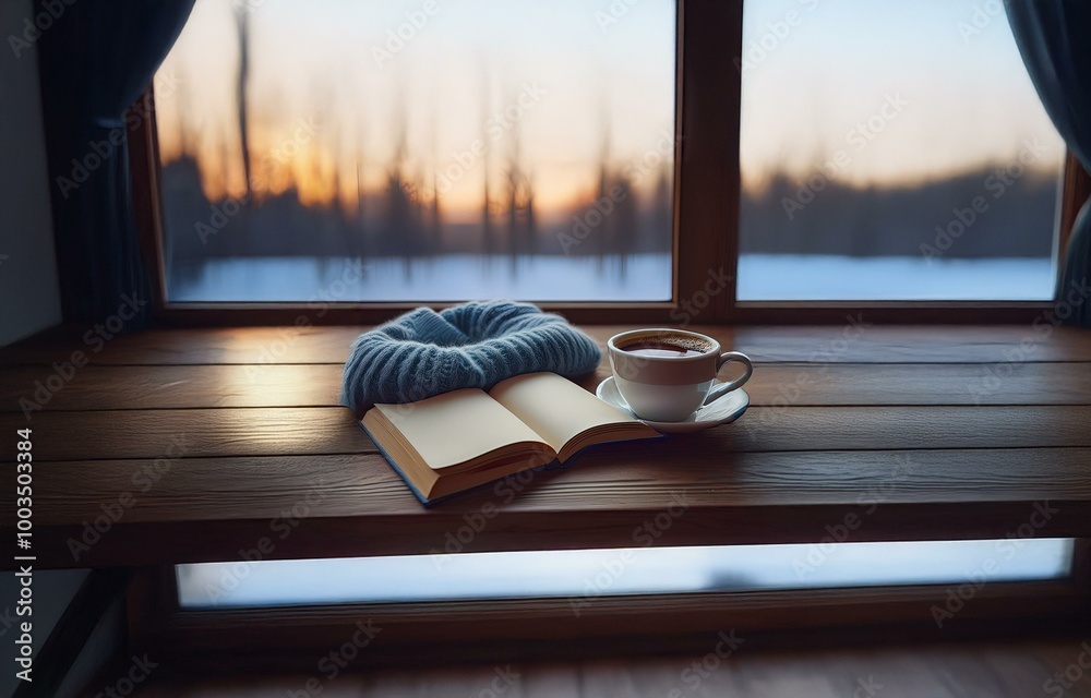 Wall mural a wooden window sill with a book, a blue sweater, and a cup of coffee.