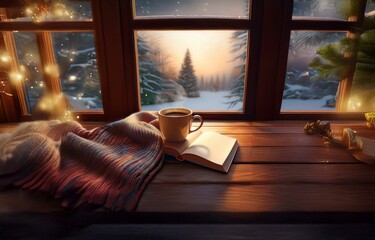 Fototapeta premium A cozy scene with a mug of steaming beverage, a blanket, and a book on a windowsill overlooking a snowy forest at sunset.