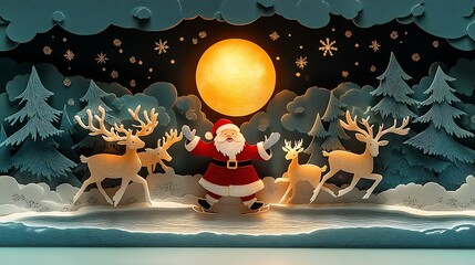 Naklejka premium Santa Claus and reindeer joyfully ice skating in a whimsical paper-cut style, moonlight reflecting off the frozen pond, delicate snowflakes falling,